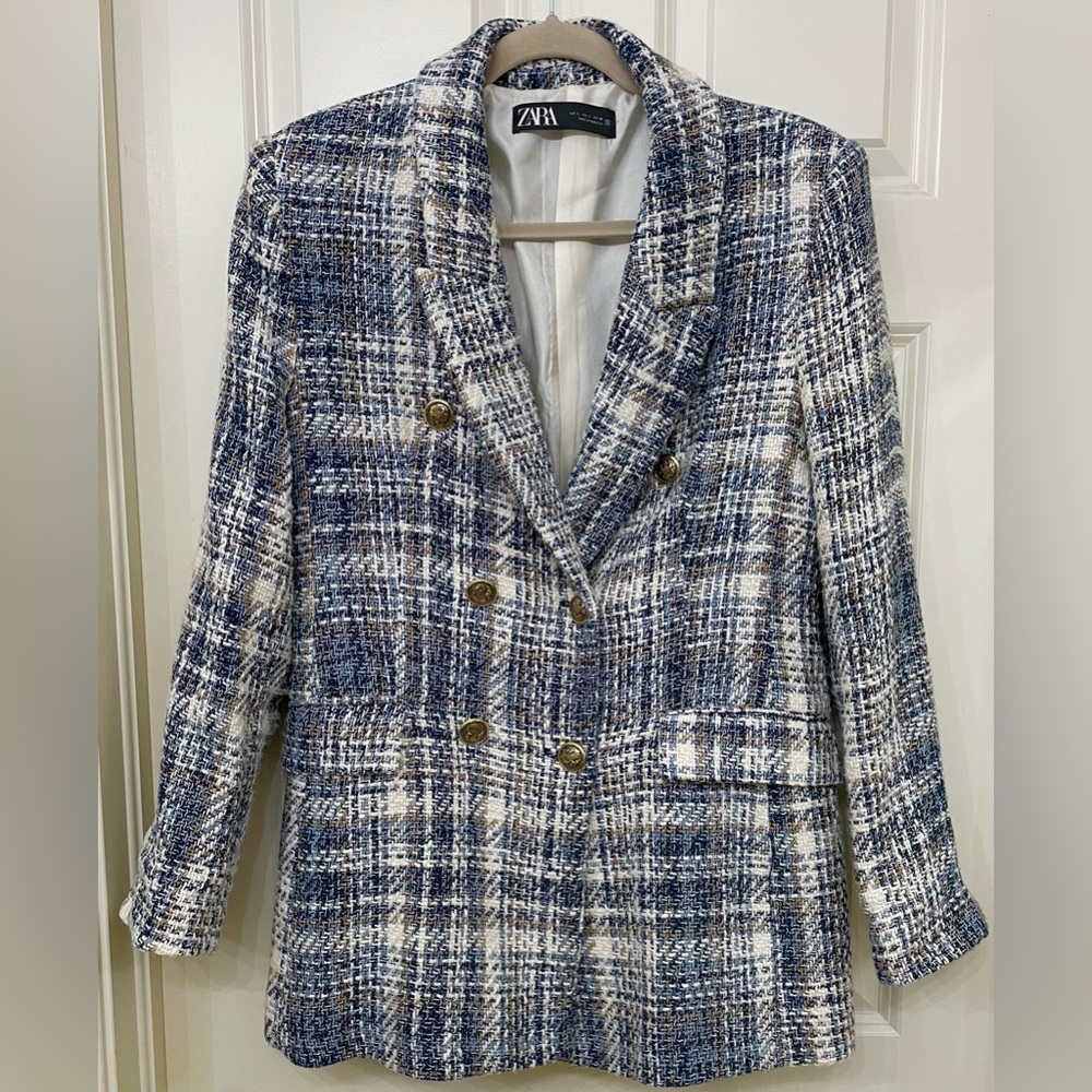 Zara Textured Double Breasted Blazer in Navy, size L